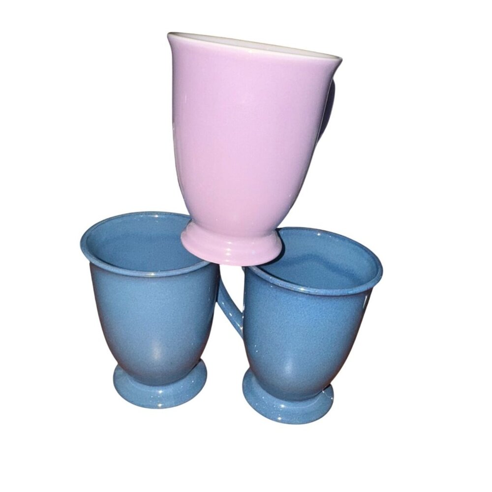 Stoneware Coffee Mug Set Of 3 In Lavender & Blue 4.5" Tall Made In China